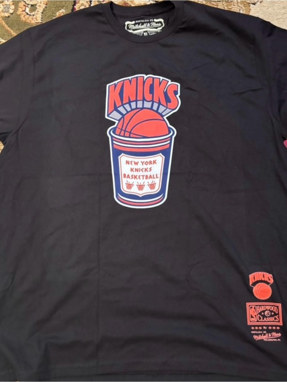 Mitchell & Ness Black New York Knicks Graphic Tee with Orange and Blue Logo